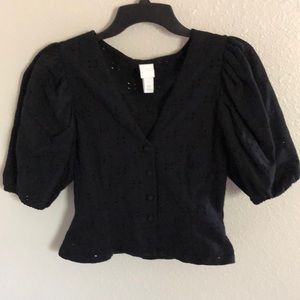 H&M Eyelet Puff Sleeve Top, Size S
